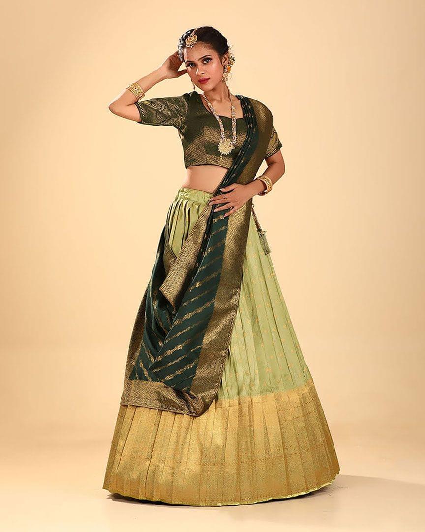 Zari Woven Mehendi Green Lehenga Choli For Women