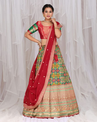 Green And Red Banarasi Jacquard Lehenga With Patola Print