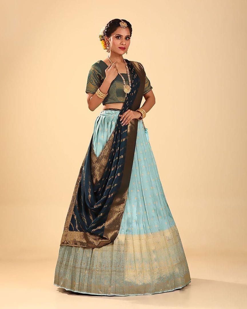 Zari Woven Sky Blue Lehenga Choli For Women