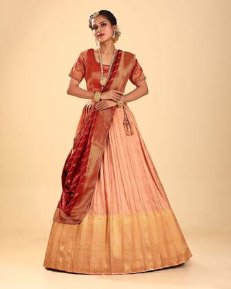 Zari Woven Peach Maroon Lehenga Choli For Women