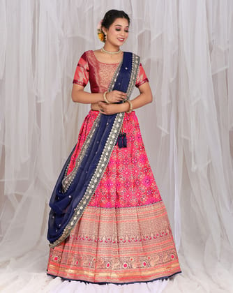 Gajari And Blue Banarasi Jacquard Lehenga With Patola Print