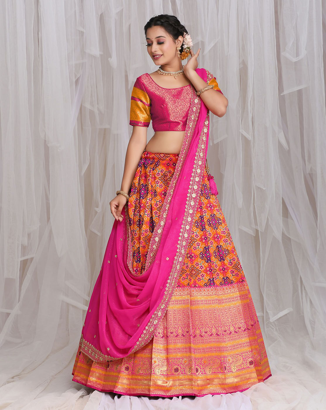 Gold And Rani Banarasi Jacquard Lehenga With Patola Print