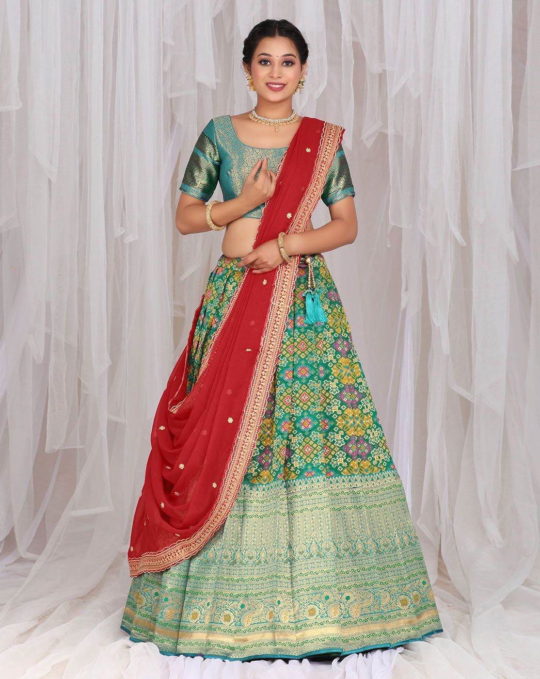 Green And Red Banarasi Jacquard Lehenga With Patola Print