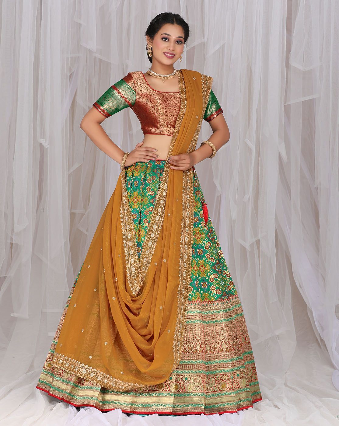 Green And Musterd Banarasi Jacquard Lehenga With Patola Print