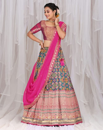 Peacock And Rani Banarasi Jacquard Lehenga With Patola Print