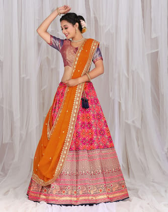 Rani And Orange Banarasi Jacquard Lehenga With Patola Print