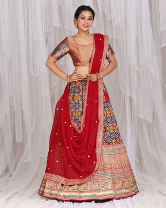 Peacock And Red Banarasi Jacquard Lehenga With Patola Print