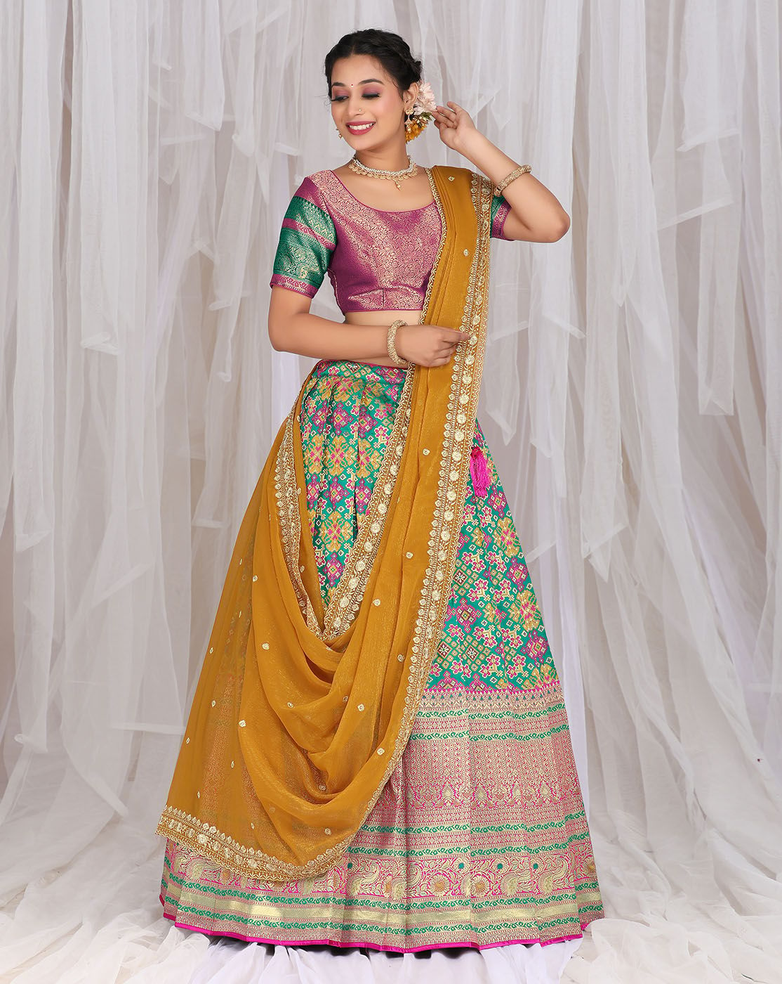 Rama And Musterd Banarasi Jacquard Lehenga With Patola Print