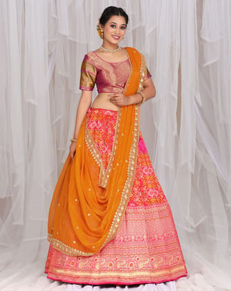 Red And Musterd Banarasi Jacquard Lehenga With Patola Print