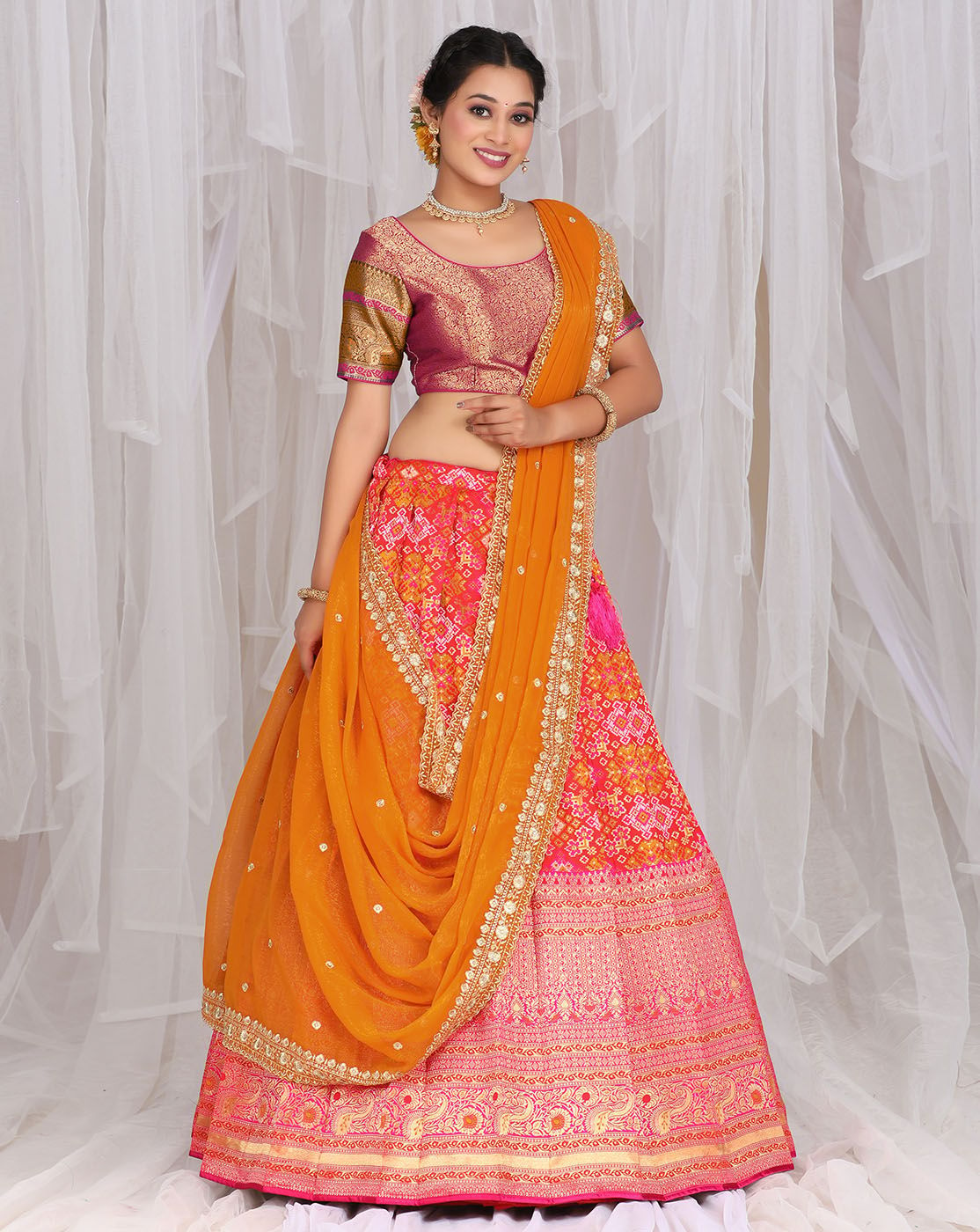 Red And Musterd Banarasi Jacquard Lehenga With Patola Print