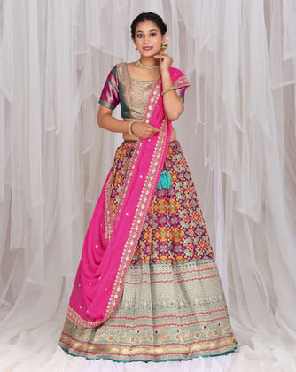 Wine And Rani Banarasi Jacquard Lehenga With Patola Print