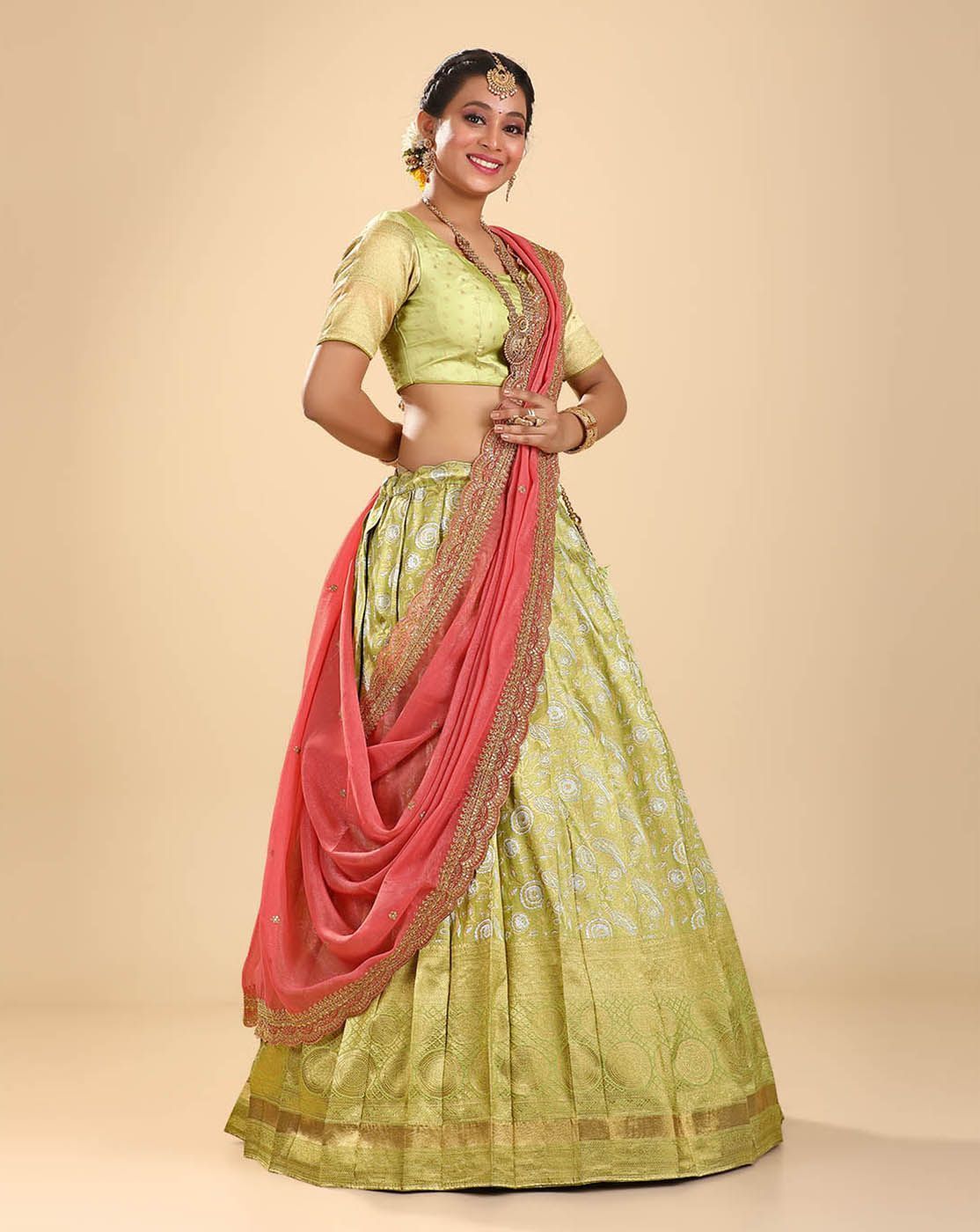 Green Pink Banarasi Silk Zari Work Pleated Lehenga Choli For Women