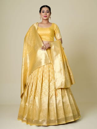 Yellow Zariwork Banarasi Silk Semi-Stitch Lehenga Choli