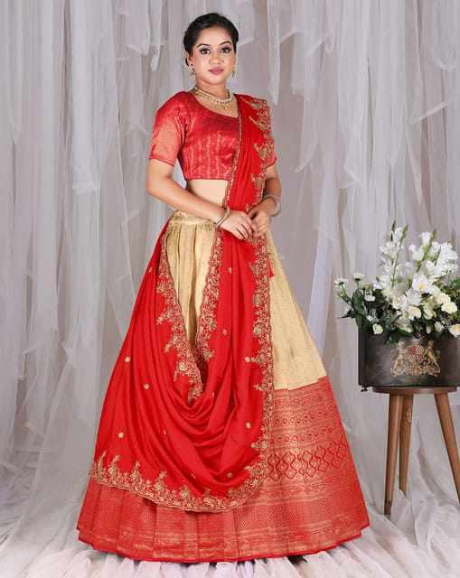 Red silk blouse, red silk floral lehenga – Sapana Amin