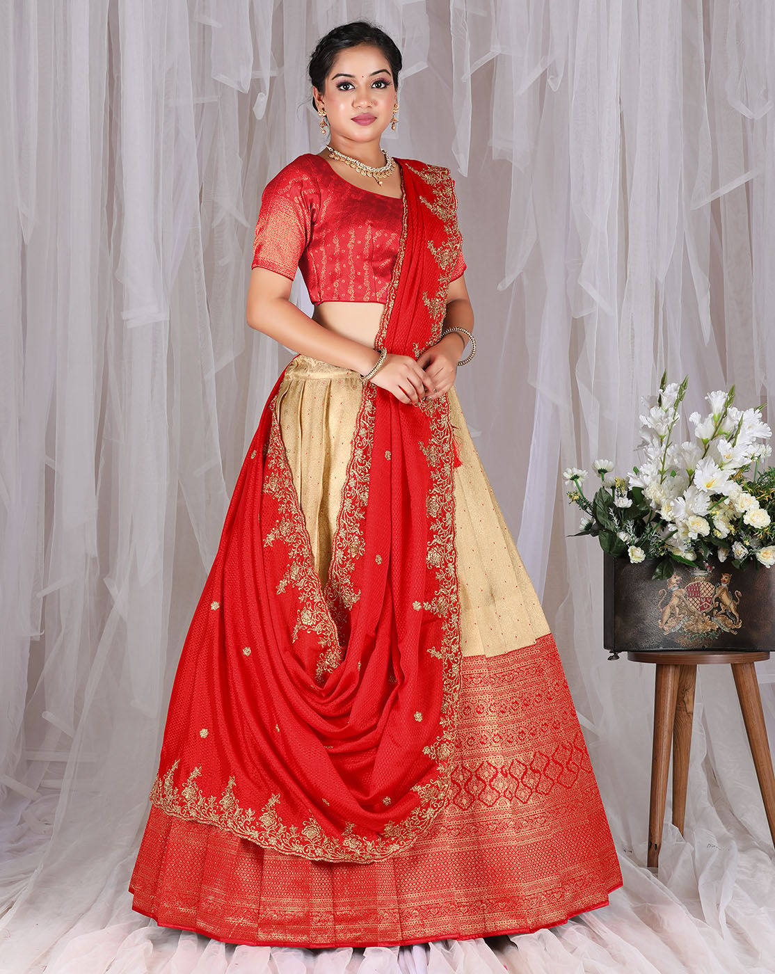 Floral Chevron Shibori Red Lehenga Cape Set with Blouse – Swati Vijaivargie