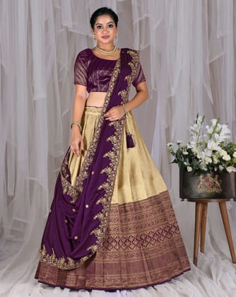 Wine latest Kanjivaram Silk Zari Weaving Lehenga