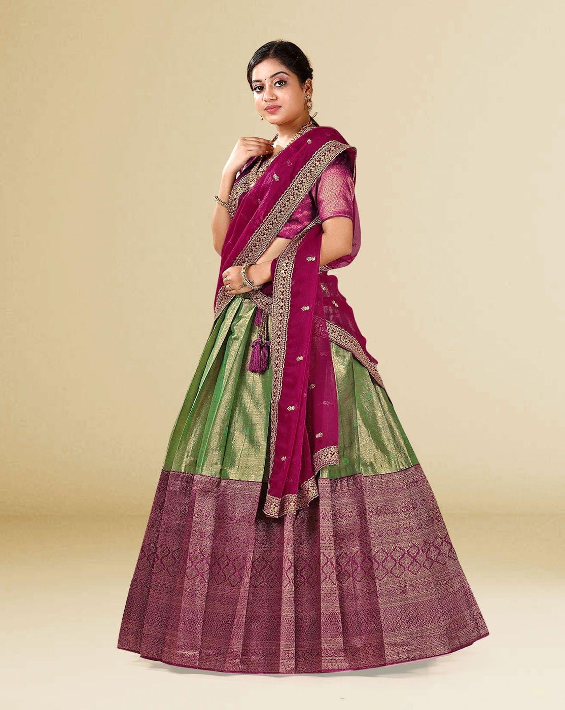 Green And Wine Stunning Banarasi Silk Half Saree For Women