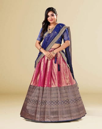 Rani And Blue Stunning Banarasi Silk Half Saree For Women