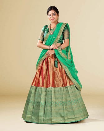 Red And Green Stunning Banarasi Silk Half Saree For Women