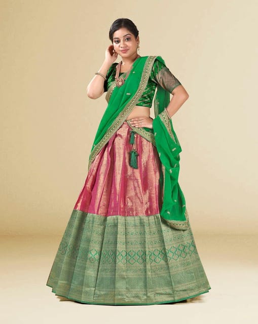 Pink And Green Net Half And Half Saree - Yosari.com