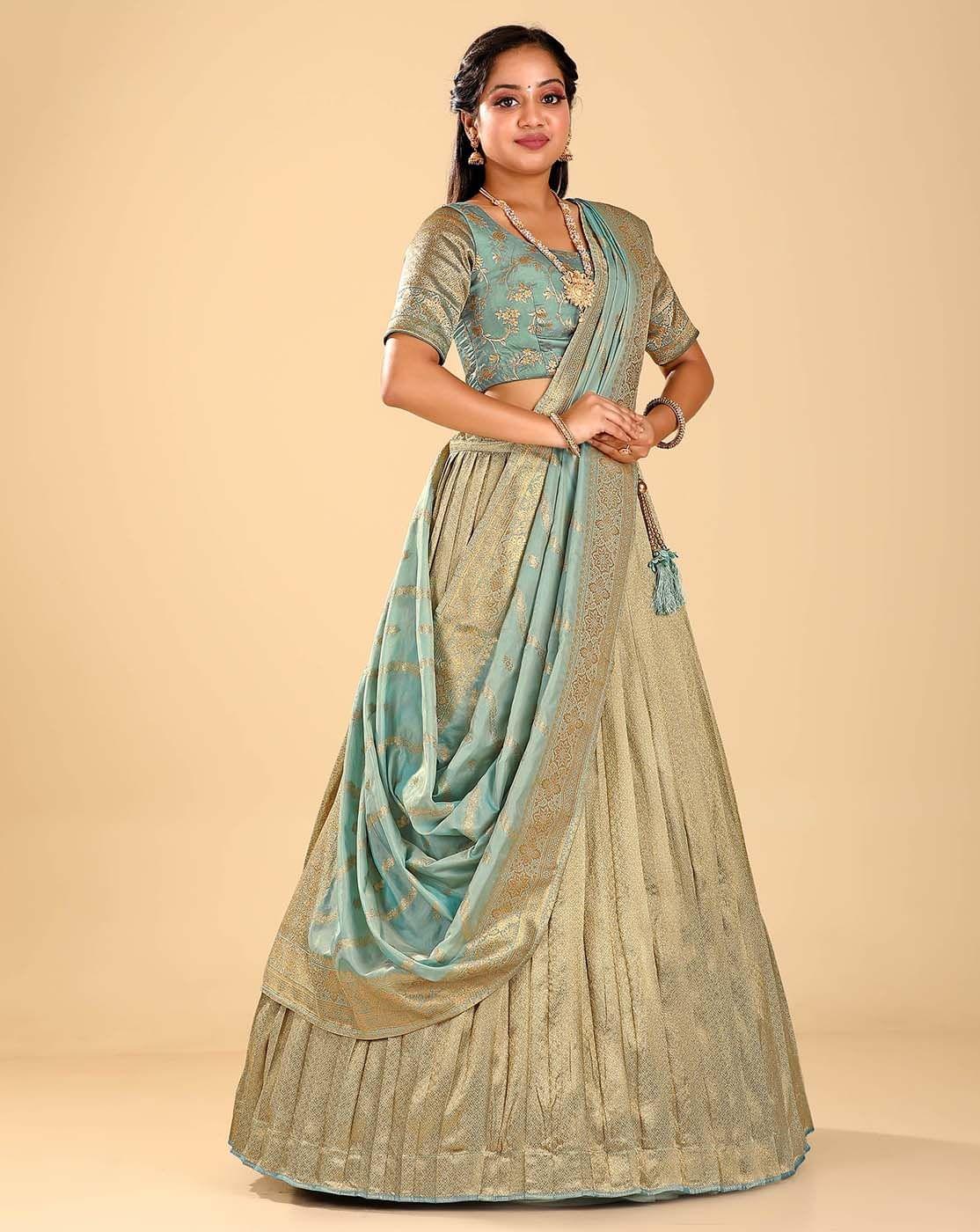 Firozi Zariwork Banarasi Silk Semi-Stitched Lehenga For Women