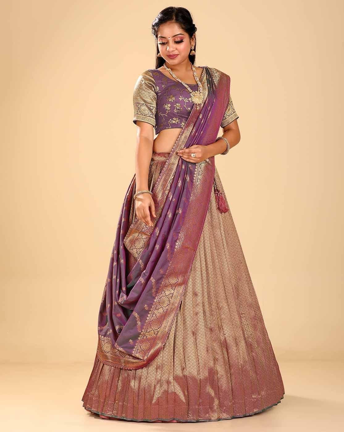 Dusty Green Zariwork Banarasi Silk Semi-Stitched Lehenga For Women