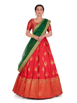 Elegant Zari work designer semi-stitched Half saree with unstitched Blouse and dupatta