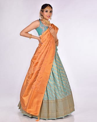 Green And Orange Zari Work Lehenga With Banarasi Dupatta