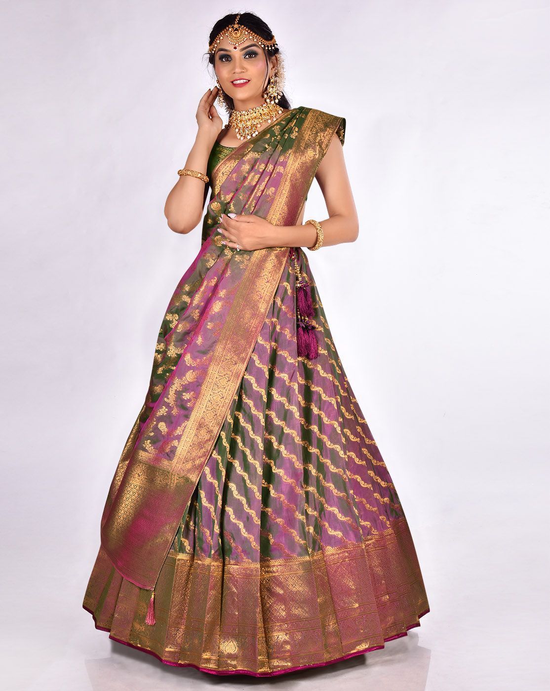 Dusty And Green Zari Work Lehenga With Banarasi Dupatta