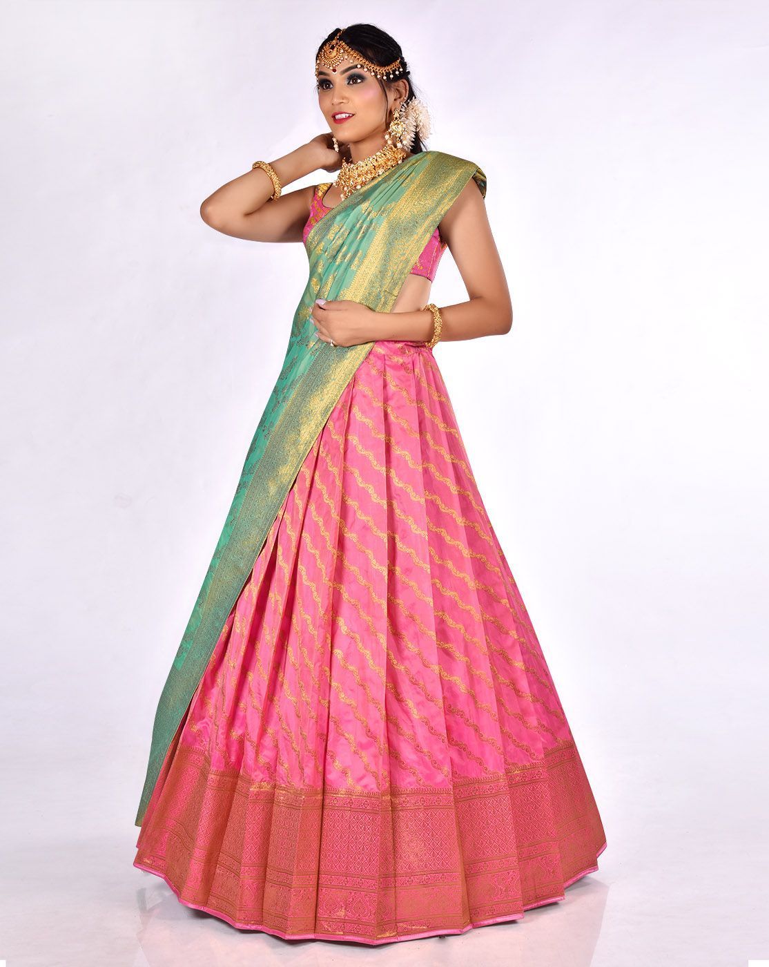 Rani And Green Zari Work Lehenga With Banarasi Dupatta