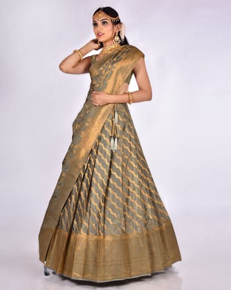 Gray Zari Work Lehenga With Banarasi Dupatta