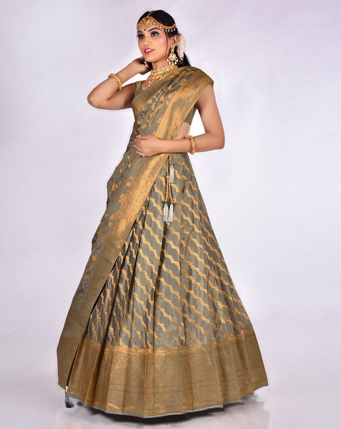 Gray Zari Work Lehenga With Banarasi Dupatta