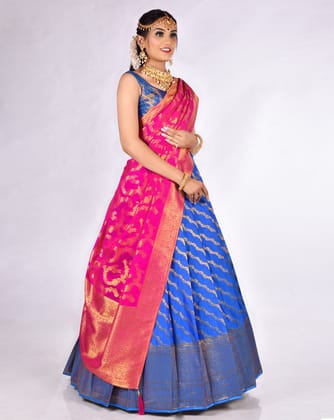 Firozi And Pink Zari Work Lehenga With Banarasi Dupatta