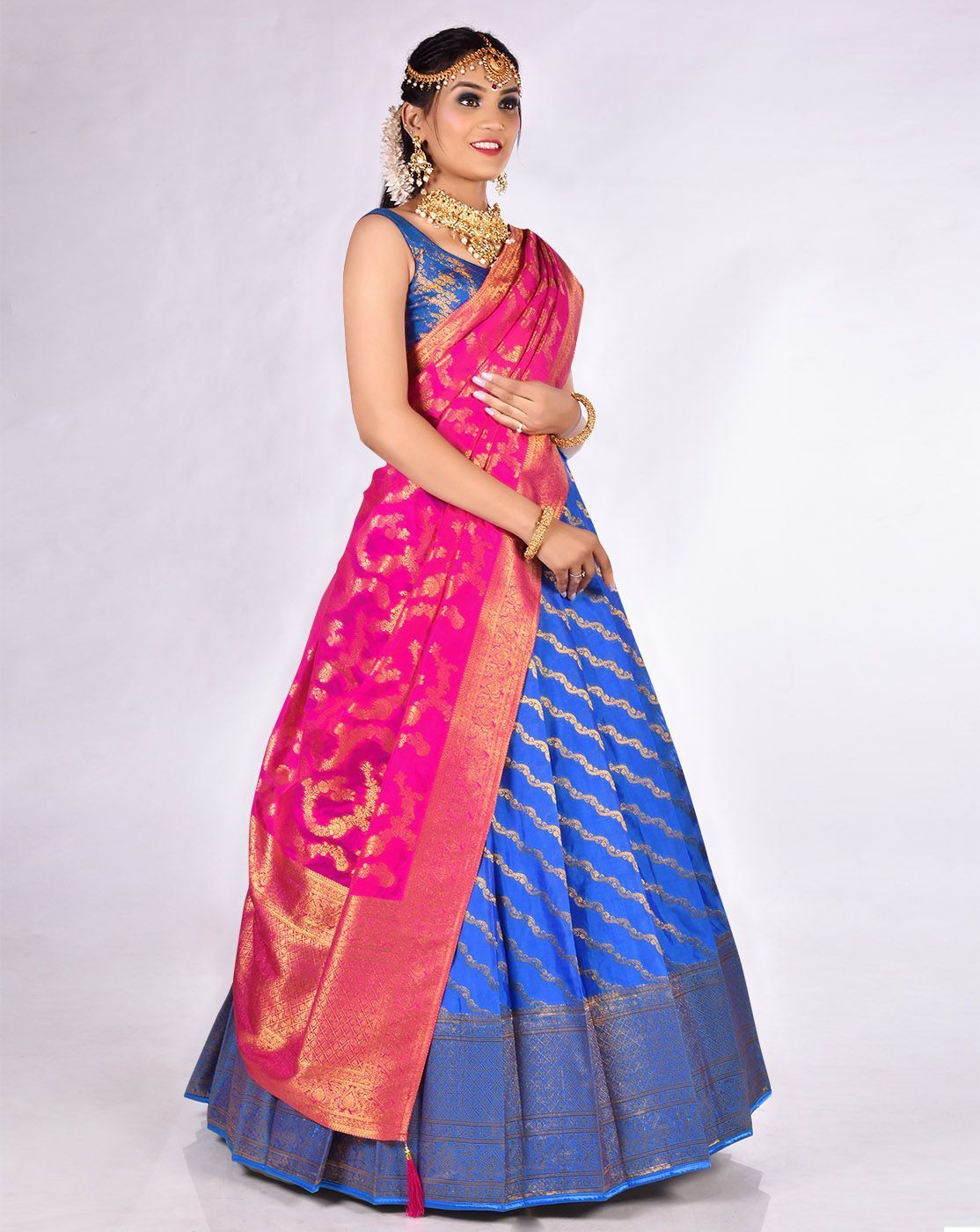 Firozi And Pink Zari Work Lehenga With Banarasi Dupatta