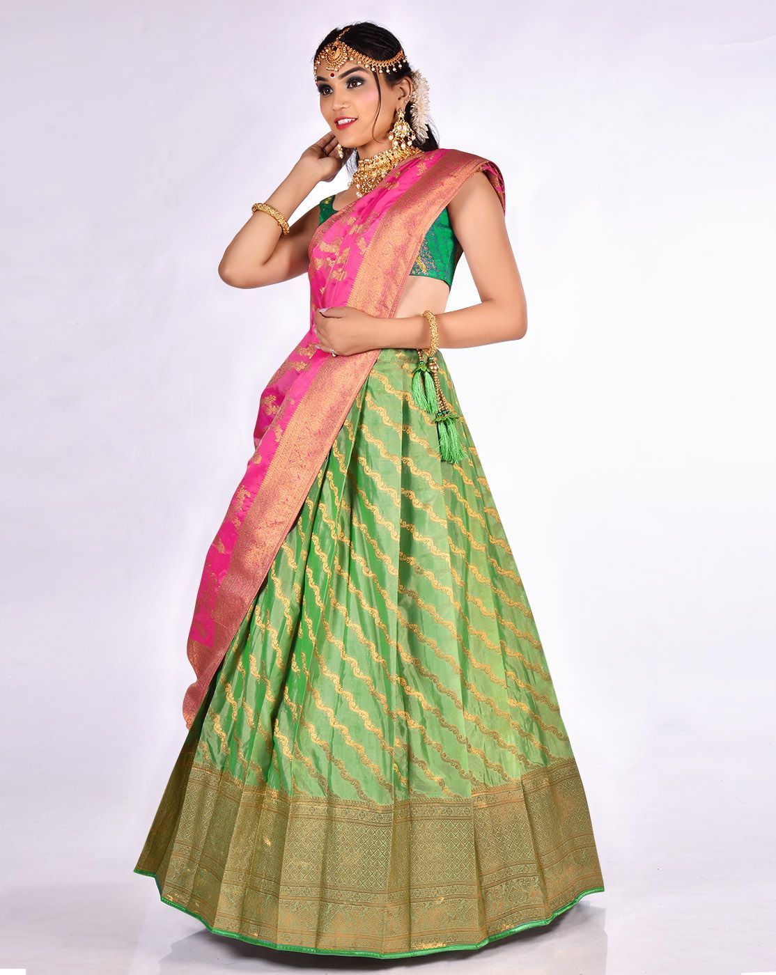 Green And Rani Zari Work Lehenga With Banarasi Dupatta