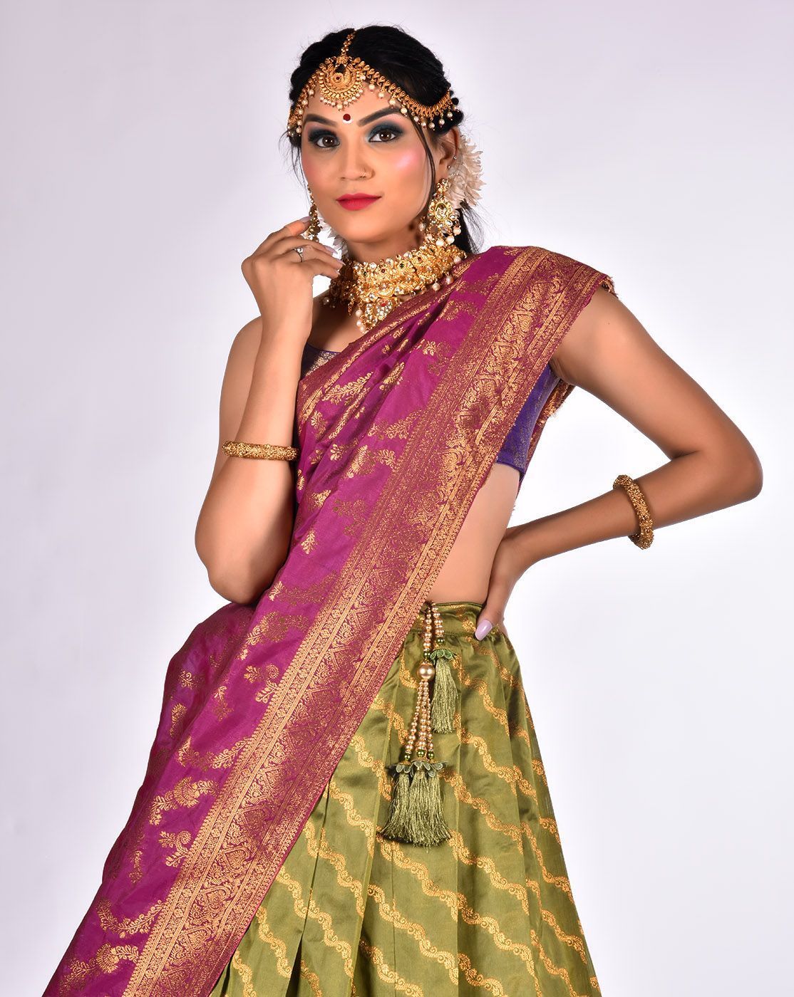 Mehendi And Wine Zari Work Lehenga With Banarasi Dupatta