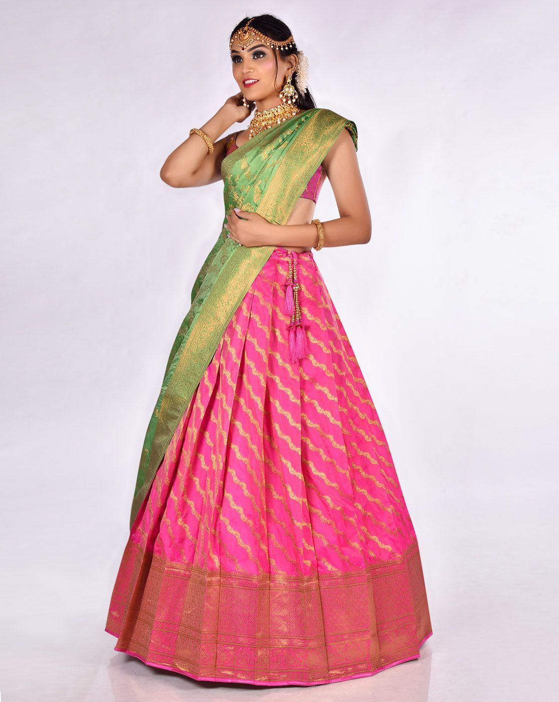 Rani And Green Zari Work Lehenga With Banarasi Dupatta