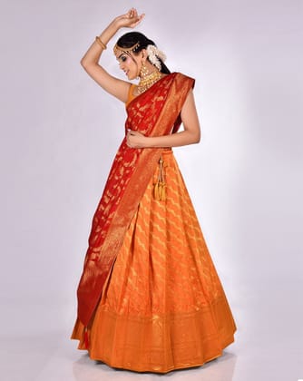 Musterd And Red Zari Work Lehenga With Banarasi Dupatta