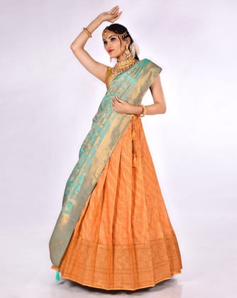 Orange And Green Zari Work Lehenga With Banarasi Dupatta