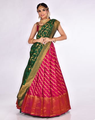 Rani And Green Zari Work Lehenga With Banarasi Dupatta