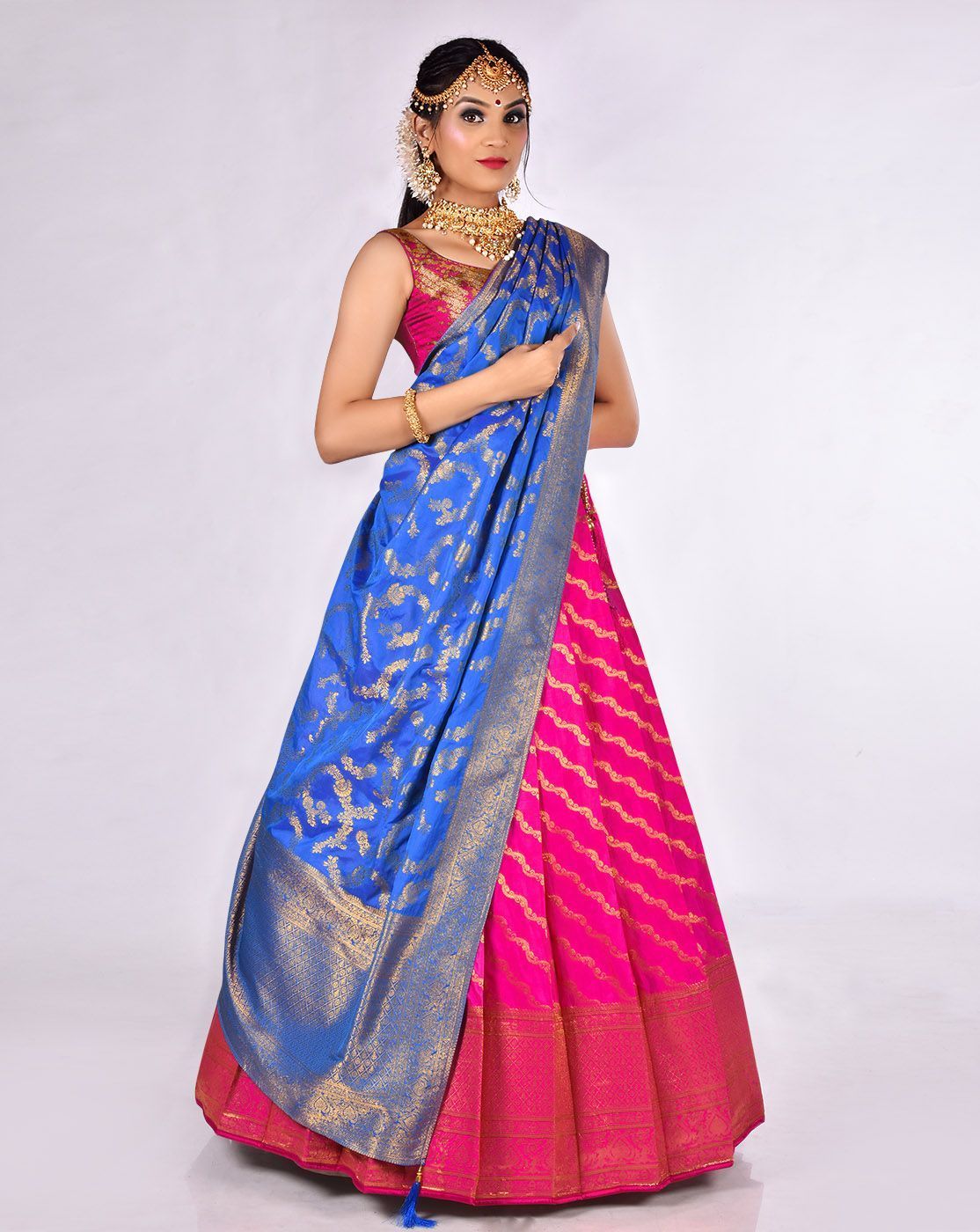 Pink And Firozi Zari Work Lehenga With Banarasi Dupatta