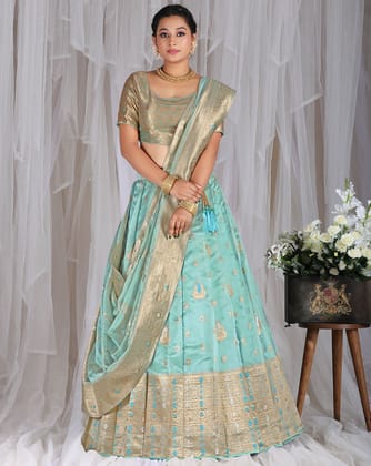 Sea Green Tissue Jacquard Lehenga Set With Zari Weaving