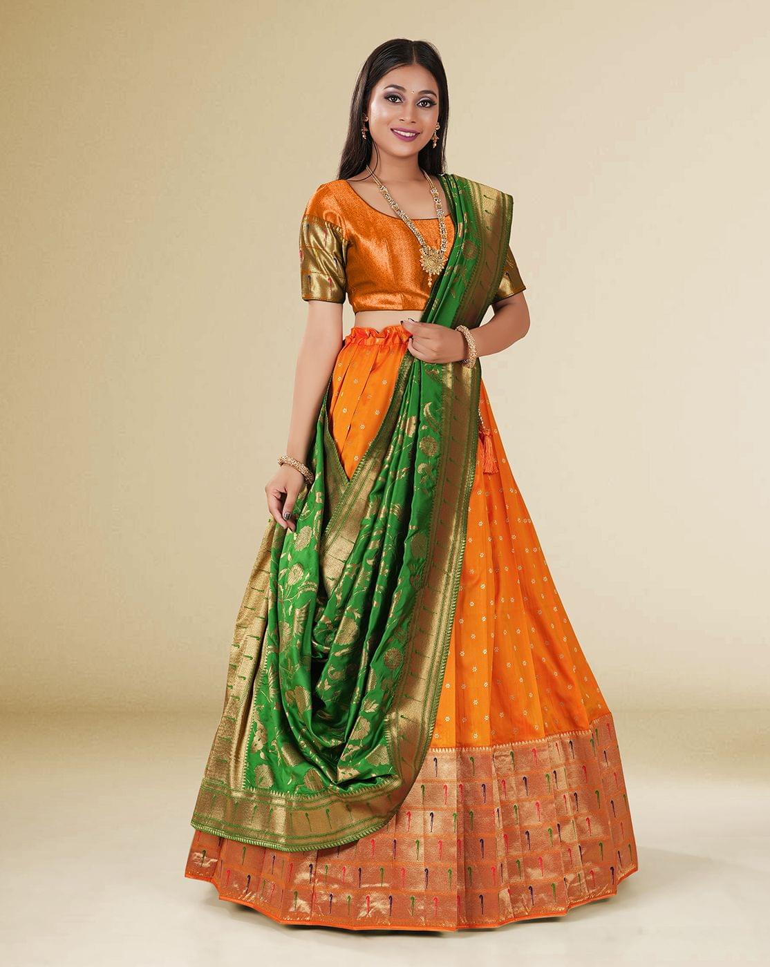 Gold-Green Banarasi Silk Zari Woven Pattu Half Saree
