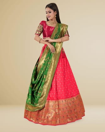 Red And Green Banarasi Silk Zari Woven Pattu Half Saree