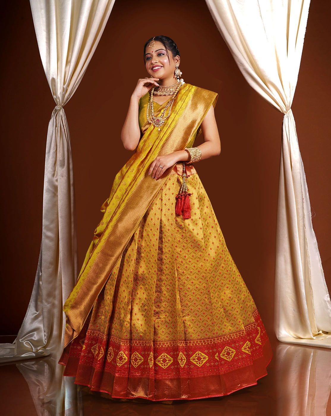 Gold And Red Pure Kanjivaram Silk Zari Work Half Saree