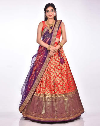 Red-Blue Radiant Pleated Semi-Stitched Lehenga With Zari Work, Net Dupatta, And Unstitched Blouse