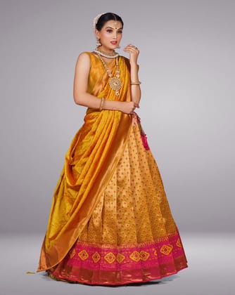Gold And Rani Pure Kanjivaram Silk Zari Work Half Saree
