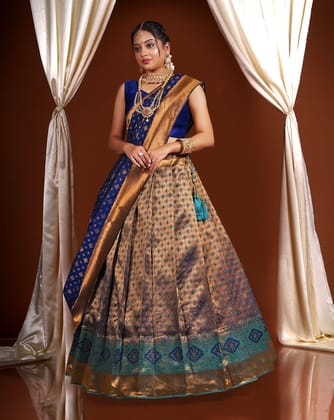 Navy Blue And Rama Pure Kanjivaram Silk Zari Work Half Saree