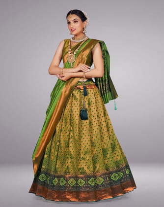 Parrot Green Pure Kanjivaram Silk Zari Work Half Saree