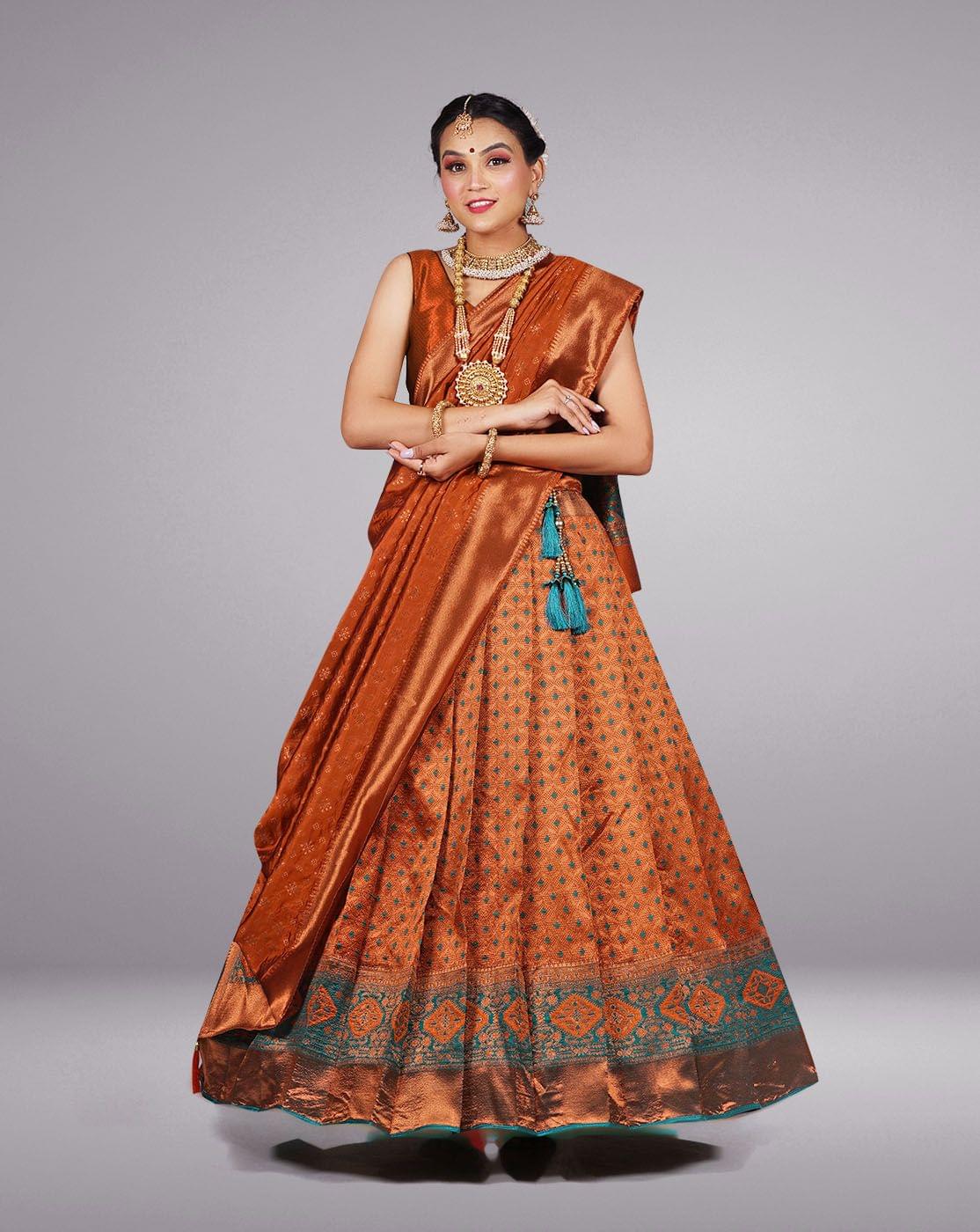 Orange And Rama Pure Kanjivaram Silk Zari Work Half Saree